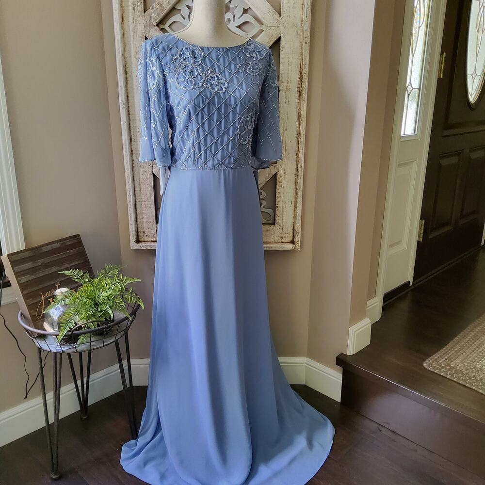 JS Collections Lauren A Line Gown Flutter Sleeve Beaded Floral Motif 14 Formal